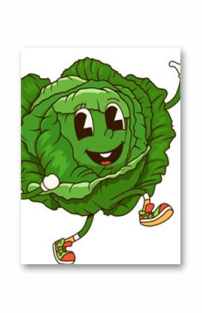 Groovy cabbage vegetable character with a big, friendly smile and wide eyes, wearing sneakers, and waving happily. Isolated cartoon vector ripe farm veggie personage exudes a cheerful, energetic vibe