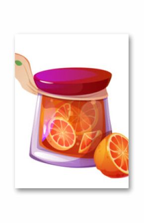 Home made preservation jars with fruits - glass containers filled with plums, orange slices and raspberries. Set of sweet homemade preserves with cloth decorated lids and matching fresh produce.