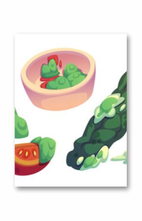 Rotten food collection with moldy pizza slice, spoiled tomato halves, sauce covered in fungus, decaying cucumber, bitten apple with green decomposition spots. Cartoon deteriorated meal items.