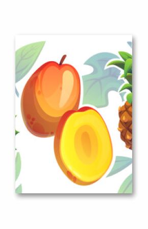 Tropical fruits collection with whole and sliced soursop, fresh orange mango cut in half, golden pineapple cross section on decorative leafy background. Exotic illustration for natural food packaging.