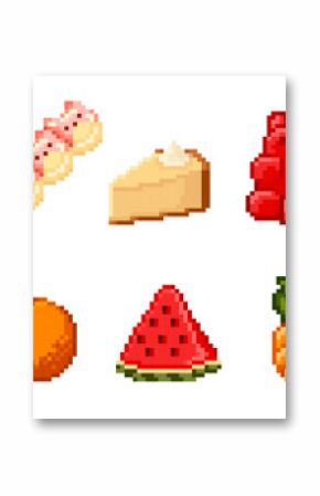 Pixel sweets and fruit icons set isolated on white. Vector cartoon illustration of retro software emoji, waffle, marshmallow, cake, gummy bear, cookie, banana, orange, watermelon, pineapple, peach