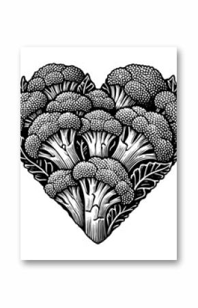 broccoli florets arranged in a heart shape, symbolizing healthy eating, love for vegetables, and nutrition sketch engraving generative ai PNG illustration. Scratch board. Black and white image.