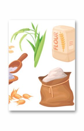 Cartoon cereal products. Flour rice or wheat grains for bread bakery product, ripe seeds harvest in burlap bag pastry food cereals crops sack, carbohydrate neat vector illustration