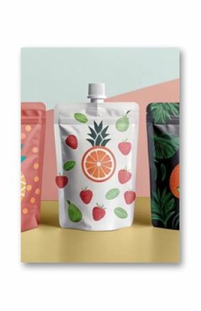 Three stand up pouches with tropical fruit prints are displayed on a colorful backdrop, showcasing attractive packaging for juices or smoothies