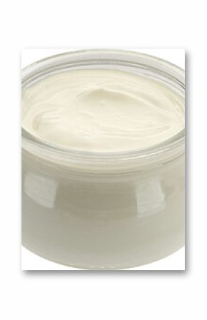 Glass jar of fresh homemade organic yogurt isolated on white background