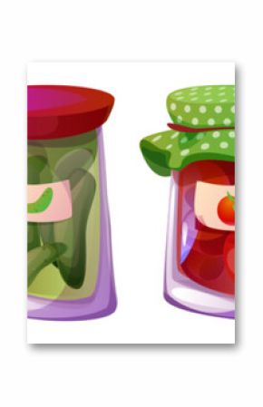 Preserve jars set isolated on white background. Vector cartoon illustration of glass containers with labels, sweet plum jam, orange jelly marmalade, pickled cucumbers and tomatoes, homemade food