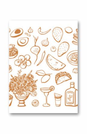 Hand drawn set of different Mexican dishes and products. Sketch drawings of Mexican cuisine