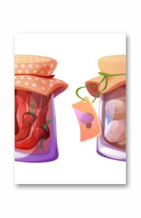 Preserve jars set isolated on white background. Vector cartoon illustration of glass containers with paper labels, salty pickled carrots, chili pepper, mushrooms and olives, natural homemade food
