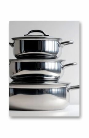 Stainless steel cooking pots stacked neatly on a minimalist white background highlighting modern kitchen cookware and culinary essentials.