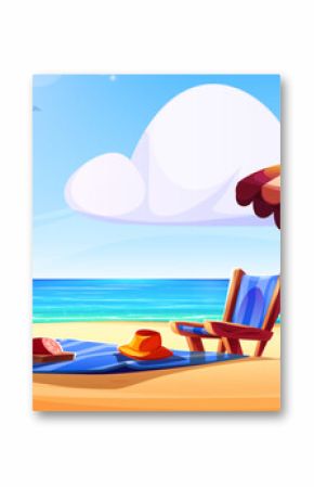 Beach picnic setup with umbrella, lounge chair and wicker basket on sandy shore. Seaside landscape with blue ocean, white clouds and distant mountain. Summer vacation scene with fruits on blue blanket