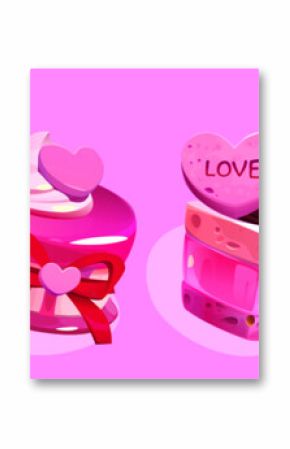 Vintage pink dessert set of decorated cakes with romantic elements - heart topped donut, sweet treat wrapped in red bow, layered bakery with berry and love candy, rose macaron for Valentine day design