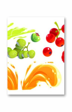 Bright juice splashes with fresh fruits - vibrant orange liquid bursts, lime green splats, red berries, citrus slices, kiwi, pear and apricot. Dynamic beverage drops set for summer cocktail design.