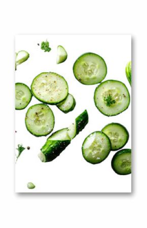 From above, cucumber slices are shown in isolation against a white backdrop