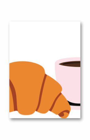 A delicious croissant beside a steaming cup of coffee in a flat, minimal design style showcasing a cozy breakfast setting in vector art