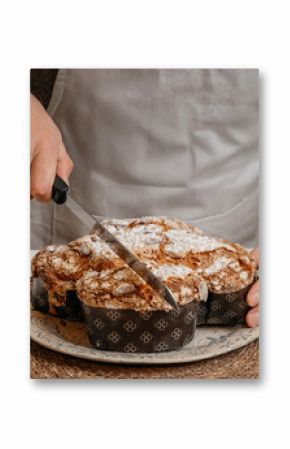 male chef holding christmas colomba cake against grey wall