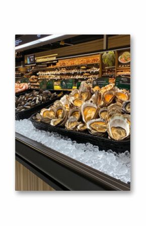 Fresh oysters, mussels and shrimps resting on ice in supermarket seafood display