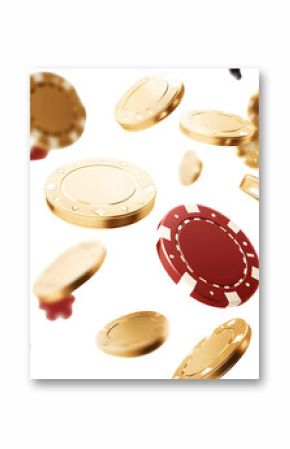 Golden casino chips falling isolated on white and transparent background, cut out png