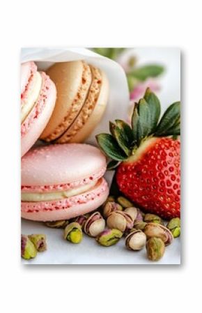 Three colorful macarons nestled in a cloth with pistachios and fresh strawberries scattered around them. Concept Macarons Display, Colorful Pastry, Rustic Presentation, Fresh Ingredients