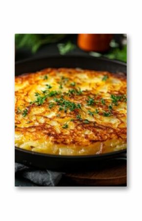 Rosti potato pancake garnished with fresh thyme in a cast iron pan, creating a simple yet flavorful dish