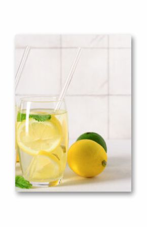 Glasses of tasty lemonade with mint on white table