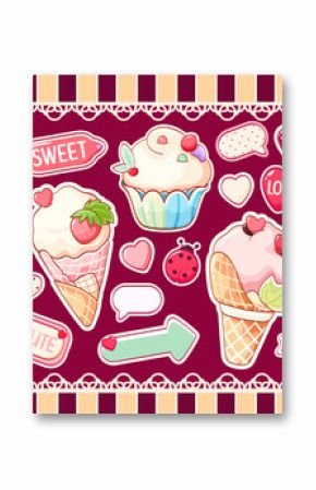 Summer set in kawaii style. Cute eye-catching tag, label with ice cream, cake, heart, index arrow. Collection of cozy sticker. Can be used for t-shirt print, sticker, greeting card. Vector EPS8
