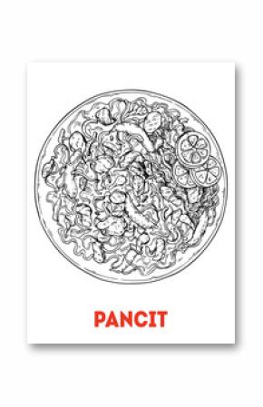 Pancit hand-drawn sketch - Traditional Filipino Food - Vector illustration. Top view