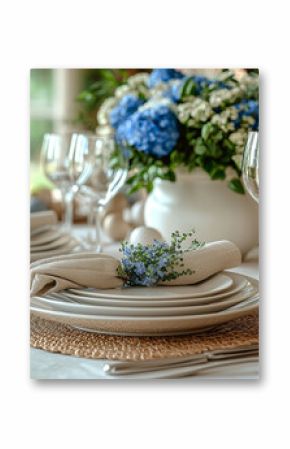 Table setting for Easter dinner complete with linen napkins and silverware gleaming softly. Concept of festive elegance.