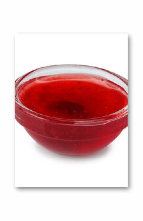 Delicious strawberry sauce in bowl isolated on white