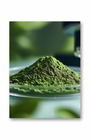 Green Powder Displayed in a Petri Dish With Laboratory Equipment and Herbal Extracts in the Background