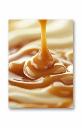 Golden caramel sauce gracefully drizzling over a creamy layer of rich dessert filling : Generative AI