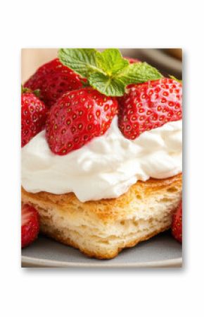 Delicious strawberries topped with whipped cream on flaky biscuit create delightful dessert