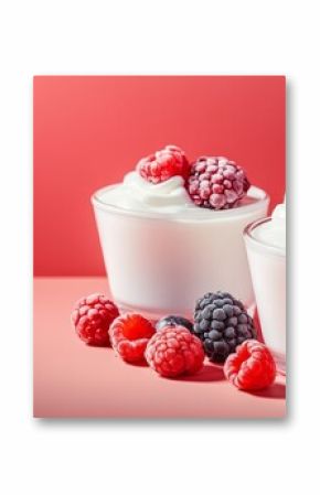 Two bowls of yogurt with raspberries and mint on a red background. The bowls are filled with a creamy white yogurt and topped with fresh raspberries and mint. Concept of freshness and healthiness
