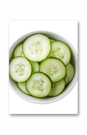 Bowl of freshly cut cucumber slices isolated die cut top view 