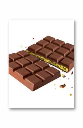 Dubai chocolate broken into two halves in the air on a white background. Dubai chocolate is made with pistachio paste and kadayif