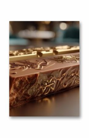 A luxurious chocolate bar featuring intricate golden designs and a smooth, creamy texture, showcasing decadent confection and artistic craftsmanship for a premium treat.