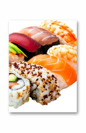 Assorted sushi nigiri maki rolls, Japanese cuisine delicacy, cut out transparent