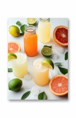 Vibrant citrus juices and fresh fruits with ice arrangement