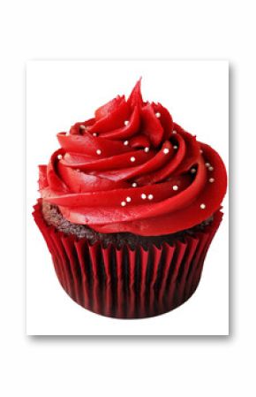 Chocolate cupcake with red swirl frosting and white sprinkles, isolated on white transparent background. Concept of dessert and celebration treat