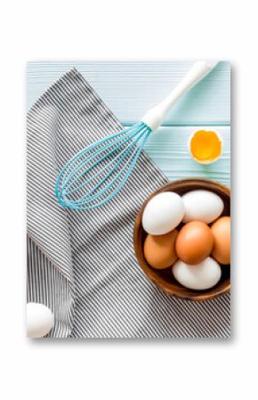Chicken eggs on cooking table, top view. Food pattern. Easter background