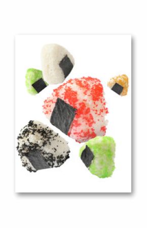 Tasty onigiri in air on white background. Japanese dish