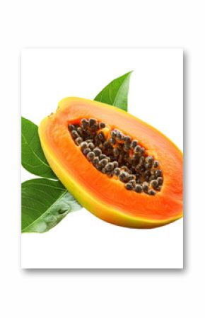 Half ripe papaya with vibrant orange flesh and green leaves on a clean transparent background, half ripe papaya with leaf isolated on transparent background