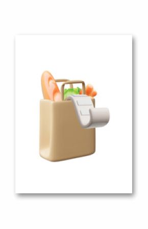 Realistic paper shopping bag with food and check payment, 3D vector cartoon container with bread and vegetables purchase