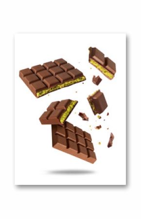 Broken Dubai chocolate in the air isolated on a white background. Dubai chocolate is made with pistachio paste and kadayif