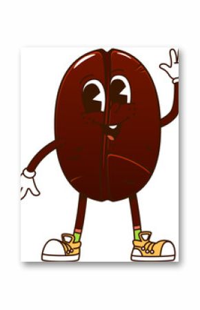 Cartoon funny groovy coffee bean character. Isolated vector playful, roasted brown seed y2k personage showcasing cheerful energetic smile. Bean or nut with expressive eyes, retro gloves and sneakers