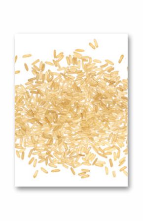 Integral, uncooked long grain brown rice pile isolated on white background, top view 