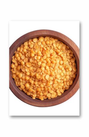 Top view of a wooden bowl with red lentils isolated on a white background