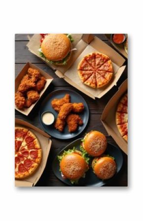Overhead shot take out, delivery foods on dark wood table. Pizza, hamburgers, fried chicken, french fries, sauces, side dishes. Fast food assortment for home party, unhealthy delicious meal.