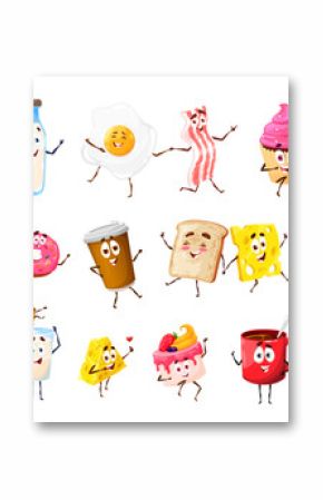 Funny cartoon breakfast food and drinks characters. Milk, scrambled egg and sandwich cute personage. Cake, donut and pancake desserts, bacon, toast and cheese, coffee, tea drinks vector characters set