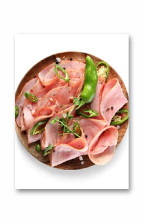 Wooden plate with slices of delicious ham on white background