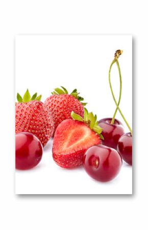 Sweet cherries with strawberries isolated on white background cutout. Ripe berries closeup. Berries assorted.